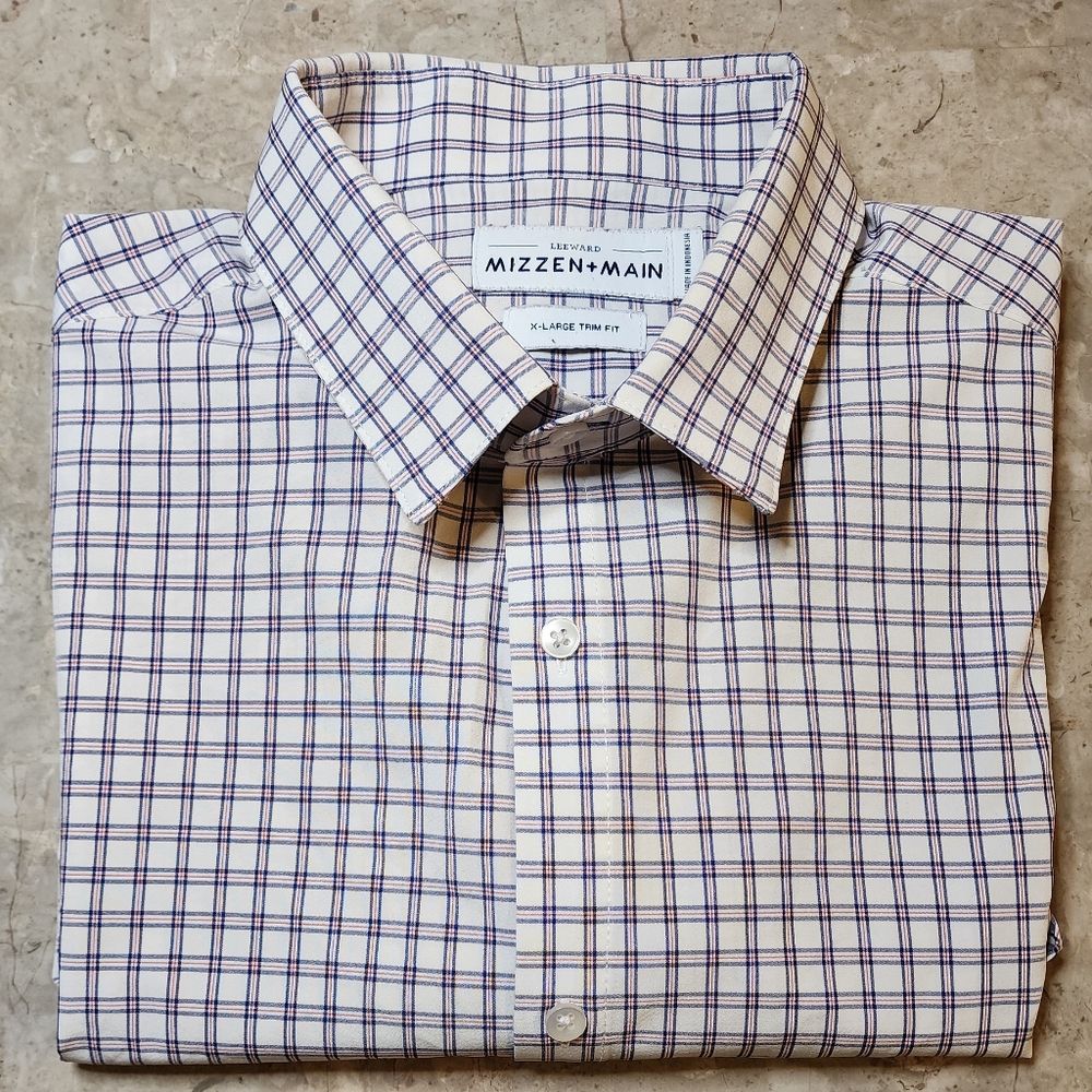 MIZZEN + MAIN Leeward Shirt Men's Size XL Trim Fit White Blue Red Check Stretch
